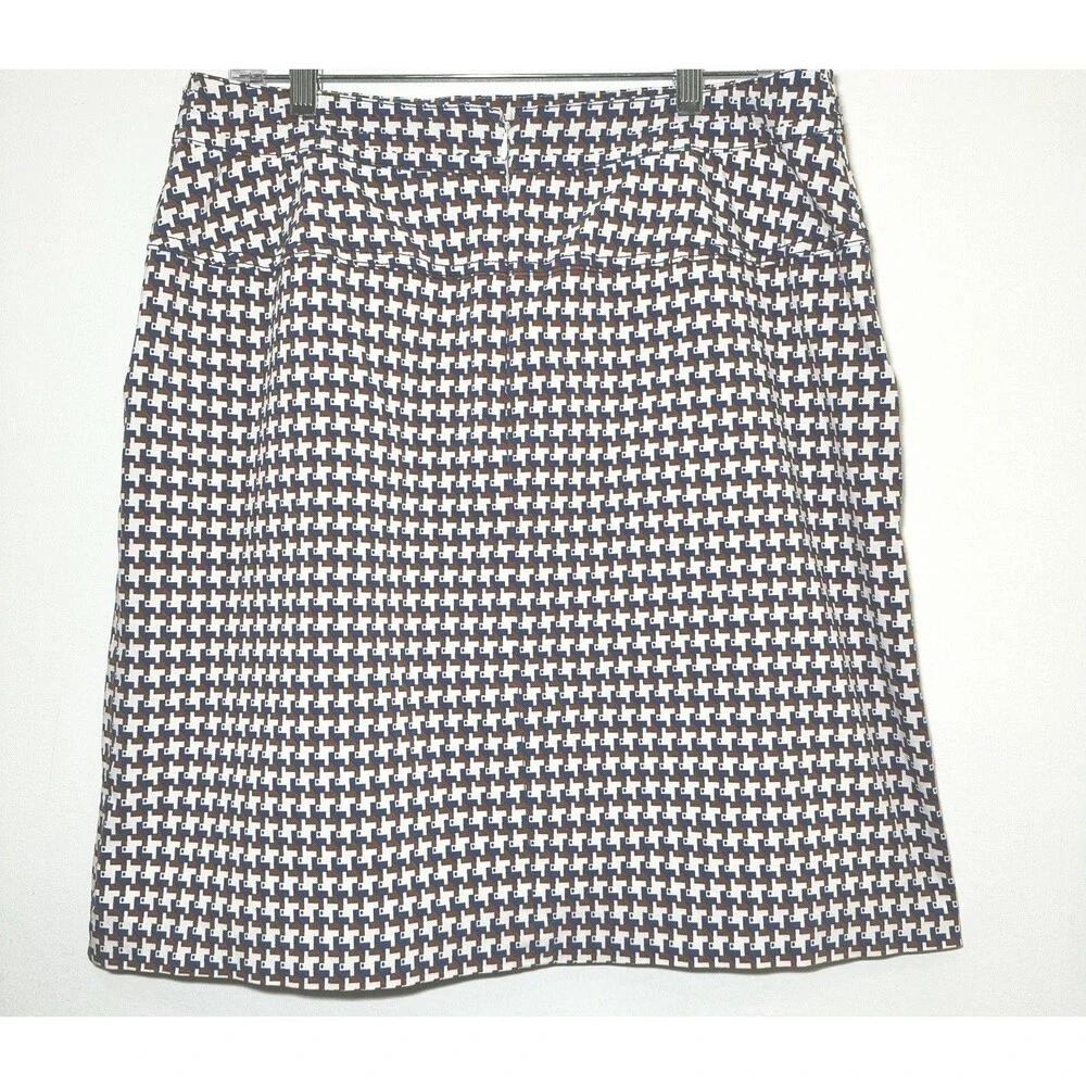 J McLaughlin Blue Brown Geometric Houndstooth Print Knee Length Stretch Skirt 12